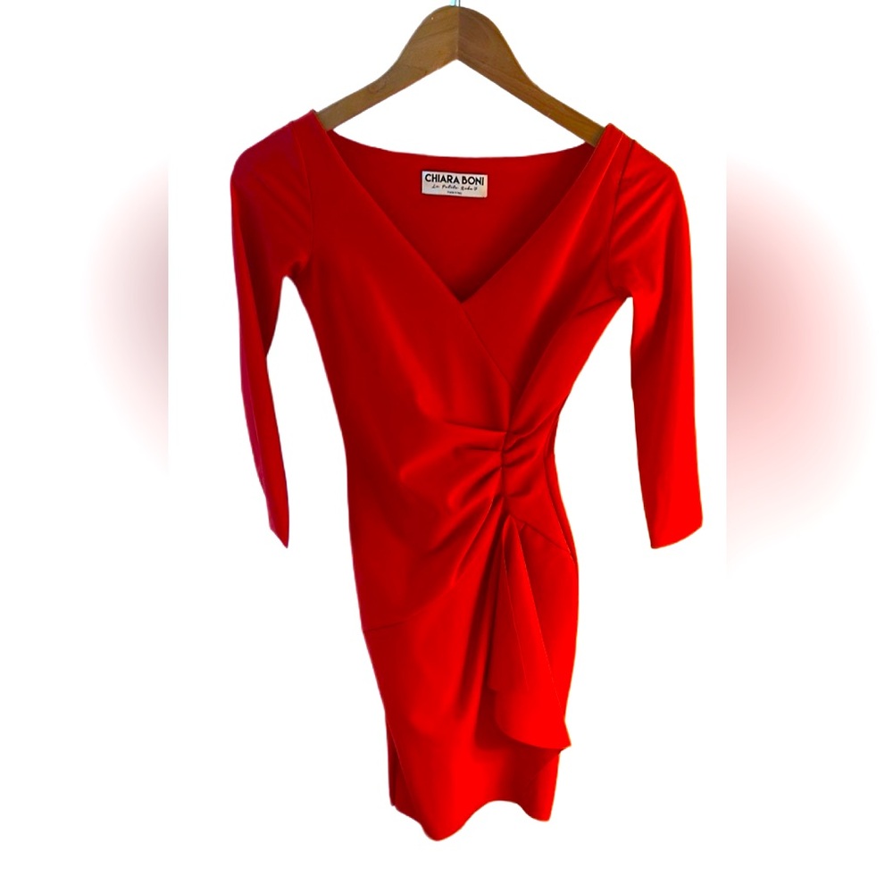 Chiara Boni Orange Red Long Sleeve V-Neck Sheath Dress